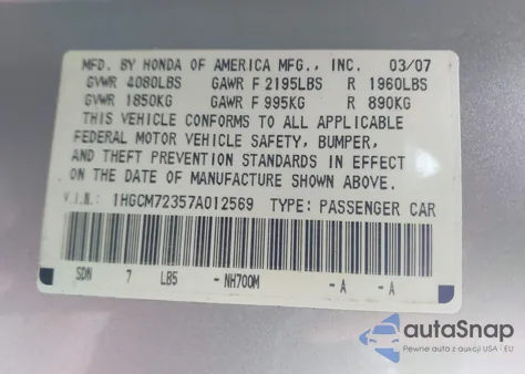 2007 Honda Accord 2.4 Lx из США, поврежденный, VIN 1HGCM72357A012569